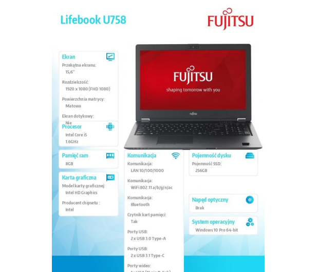 FUJITSU Lifebook U758 Intel Core i5-8250U/8GB/256GB SSD/Intel HD Graphics/15.6''/W10P Czarny - 1383427 - zdjęcie 2